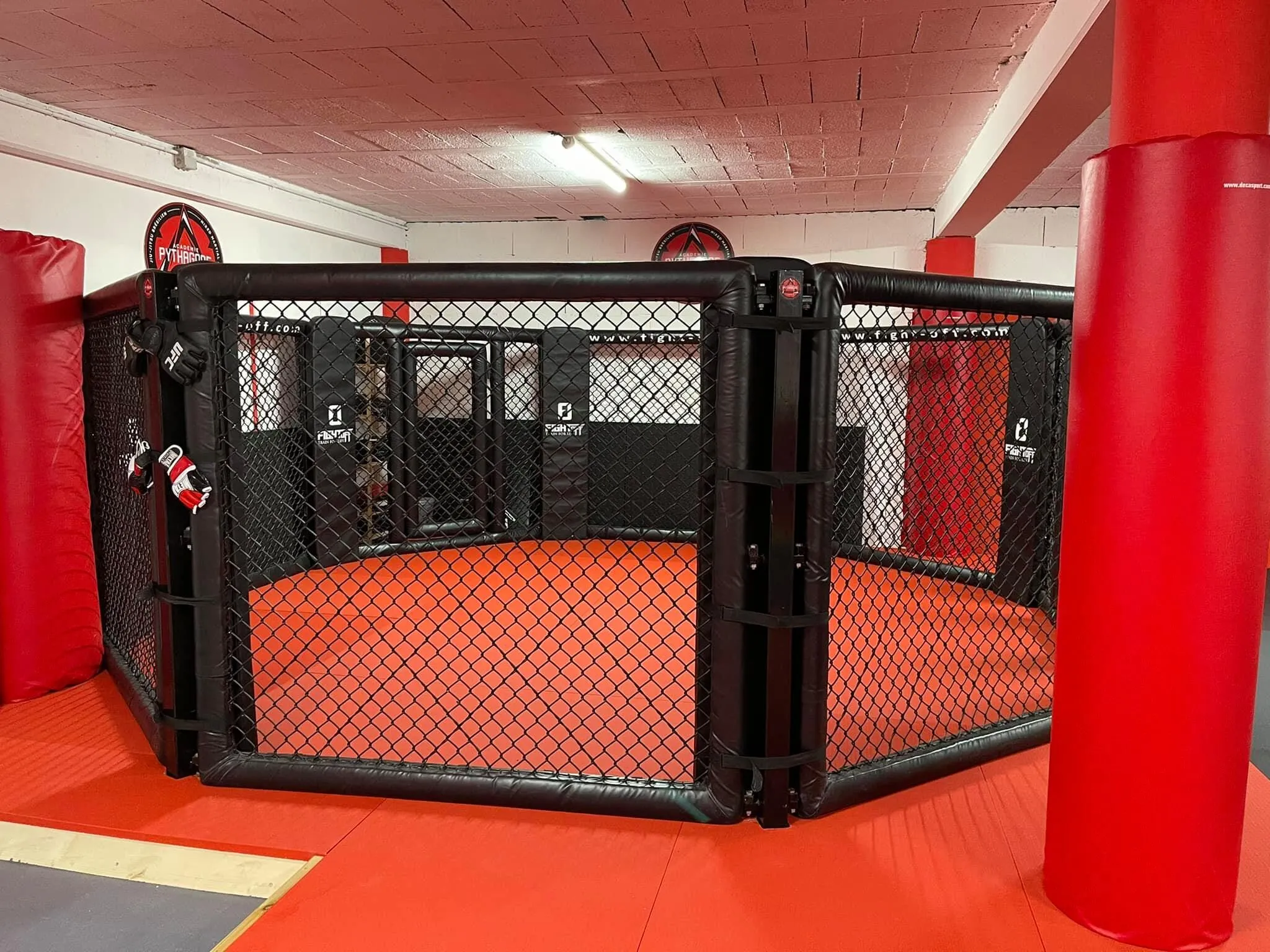 La cage de MMA du dojo d’Angoulême, sur le tatami rouge.