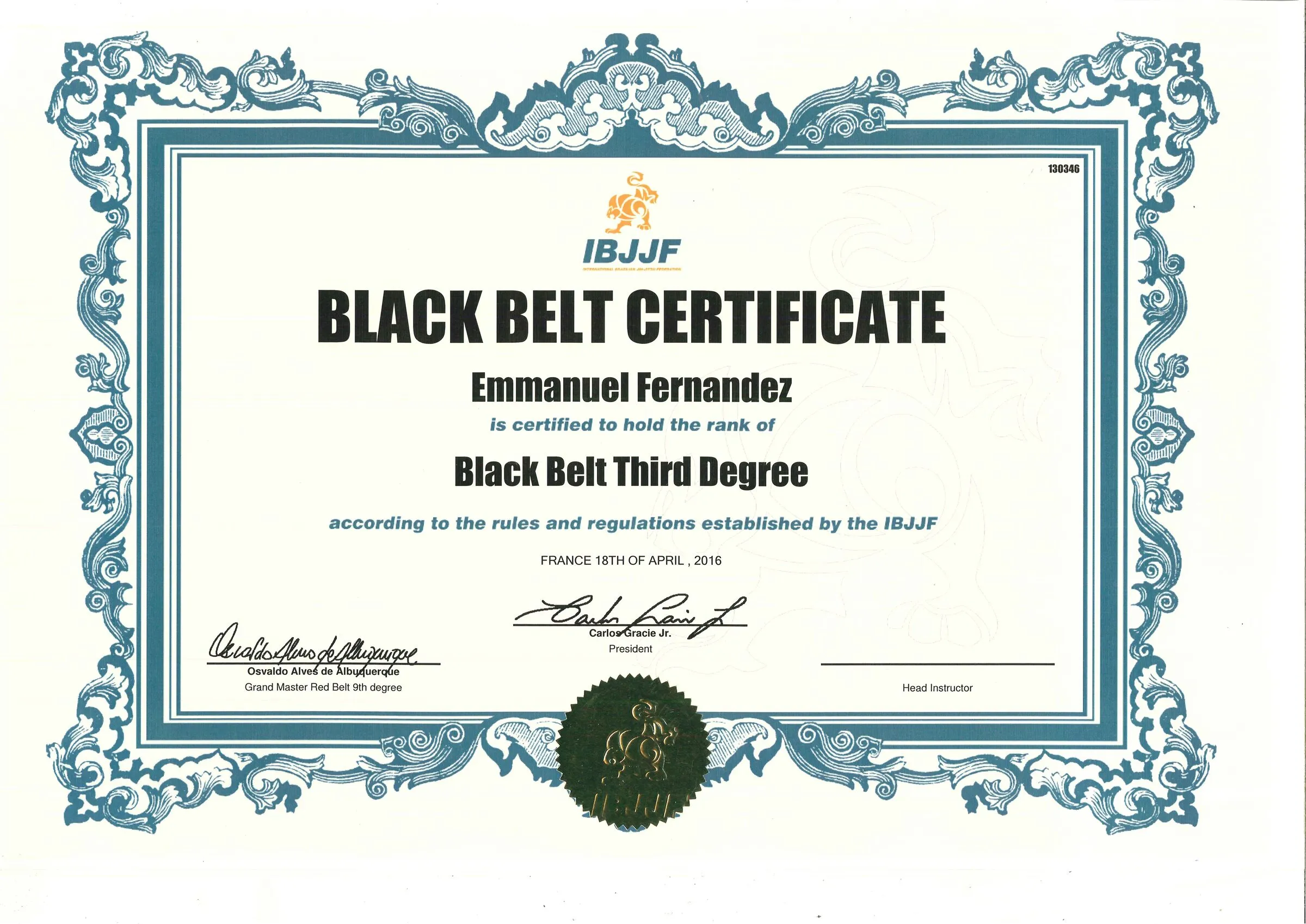 Certificat IBJJF de ceinture noire 3e degré au nom d’Emmanuel Fernandez.