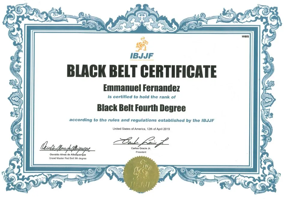 Certificat IBJJF de ceinture noire 4e degré au nom d’Emmanuel Fernandez.